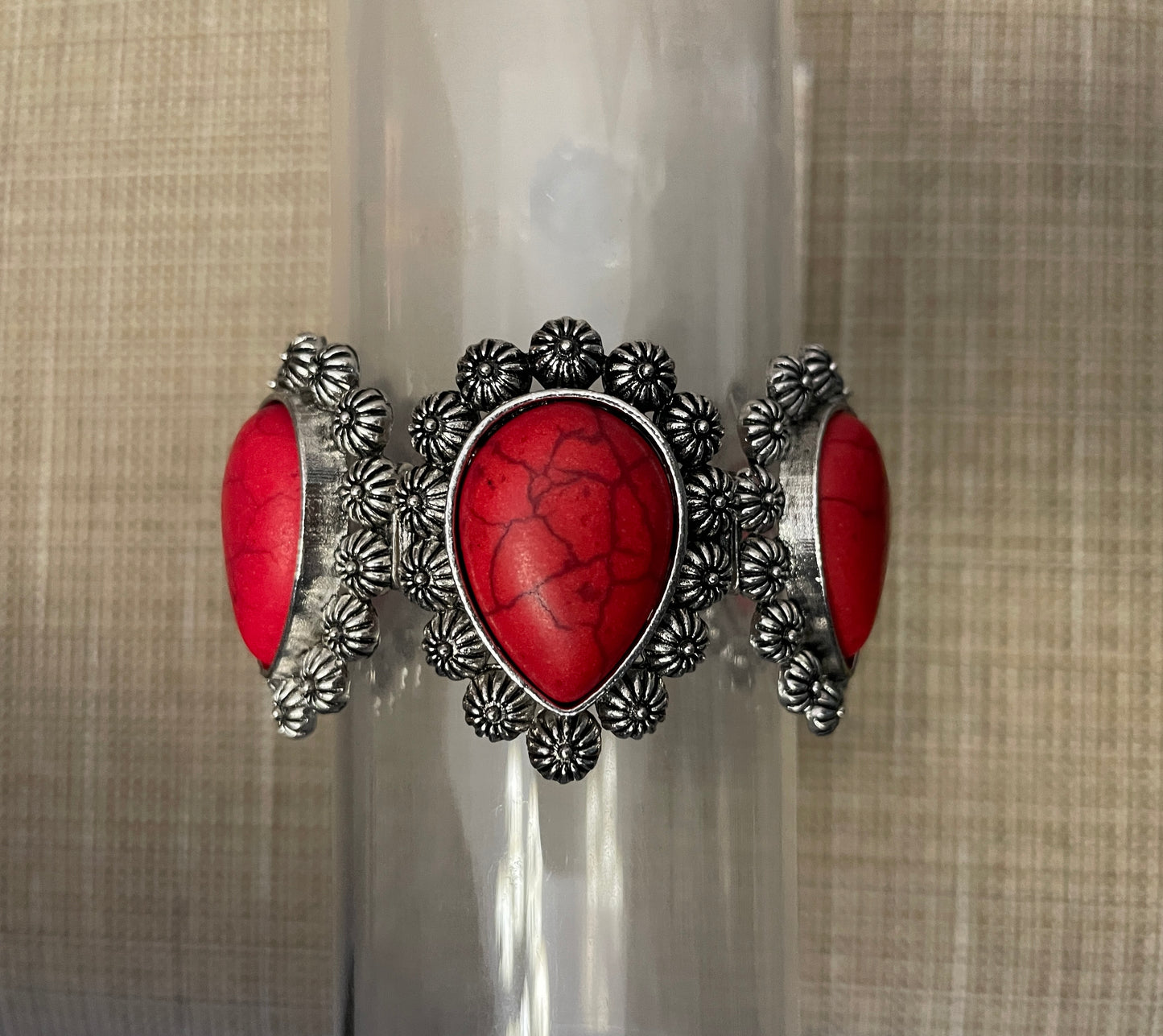 Silver Bracelet with 6 Red Teardrop Stones