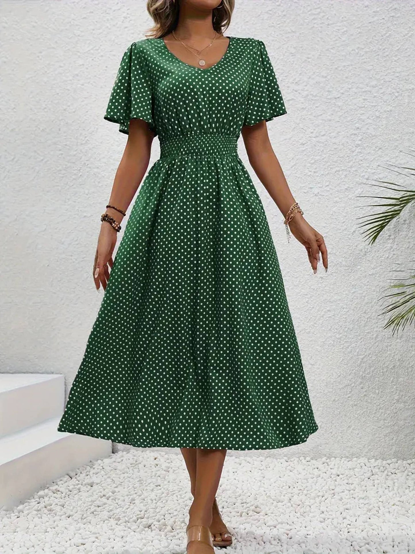 V-neck Polka Dot Pullover Casual Dress