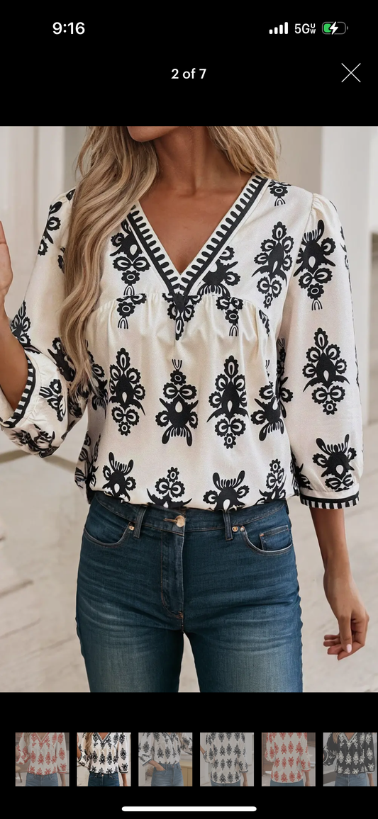 White and Black Vintage Printed Blouse