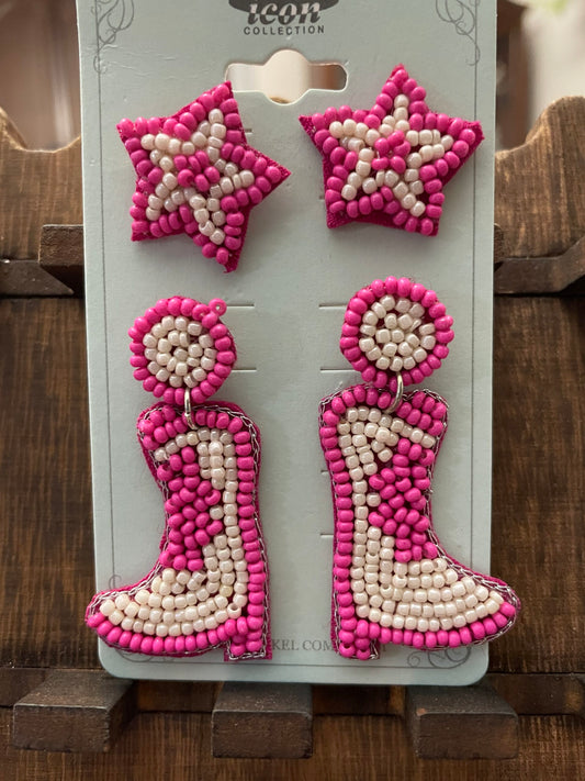 Pink & White Beaded Boot & Star earrings