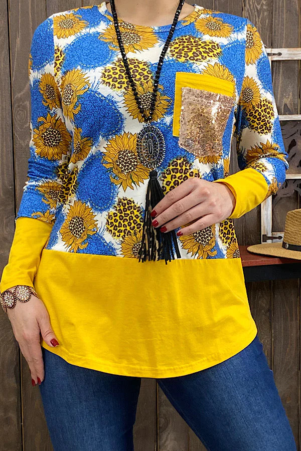 Sunflower Long Sleeve with Sequined Pocket