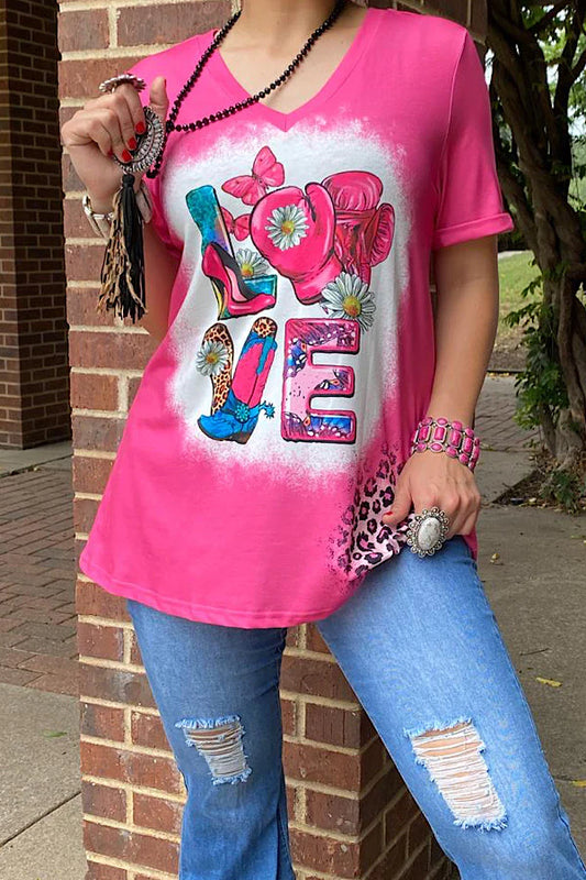 Neon Pink LOVE Graphic Vneck Tee