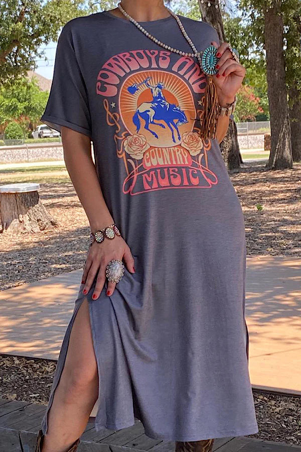 COWBOYS AND COUNTRY MUSIC grey printed maxi dress