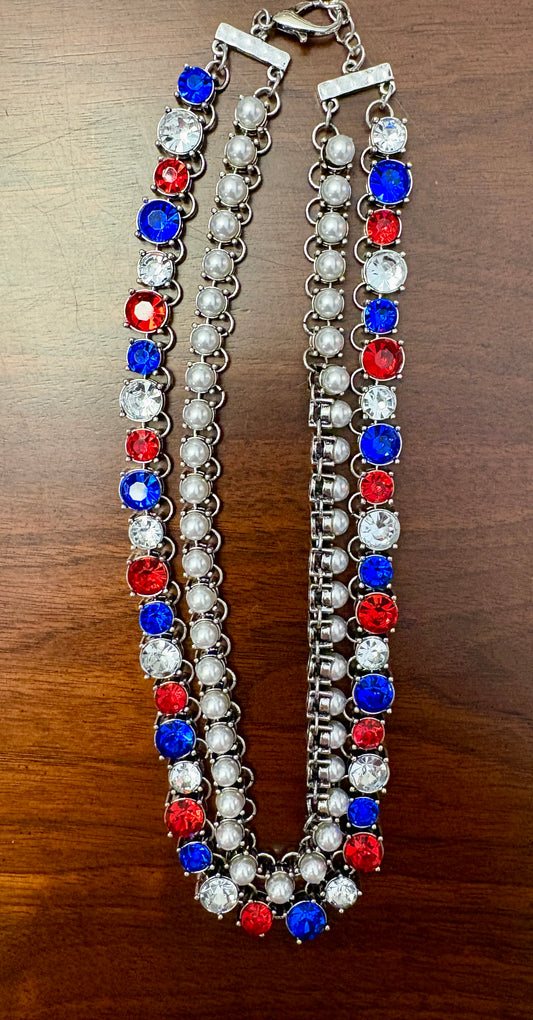Double Strand Red, White & Blue Stones and Pearl Necklace