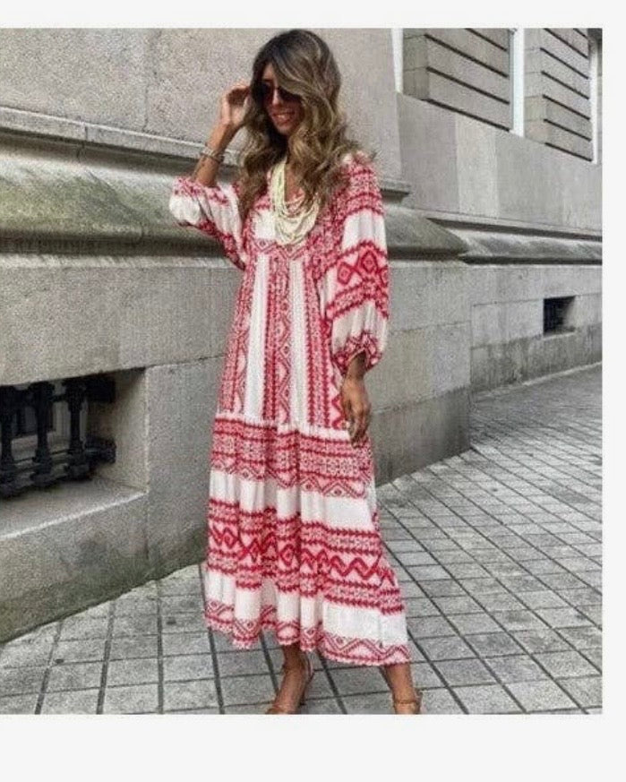 Round Neck Lantern Sleeve Printed Dress
