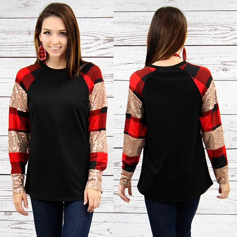 Red and Gold Sequin Sleeve Blouse
