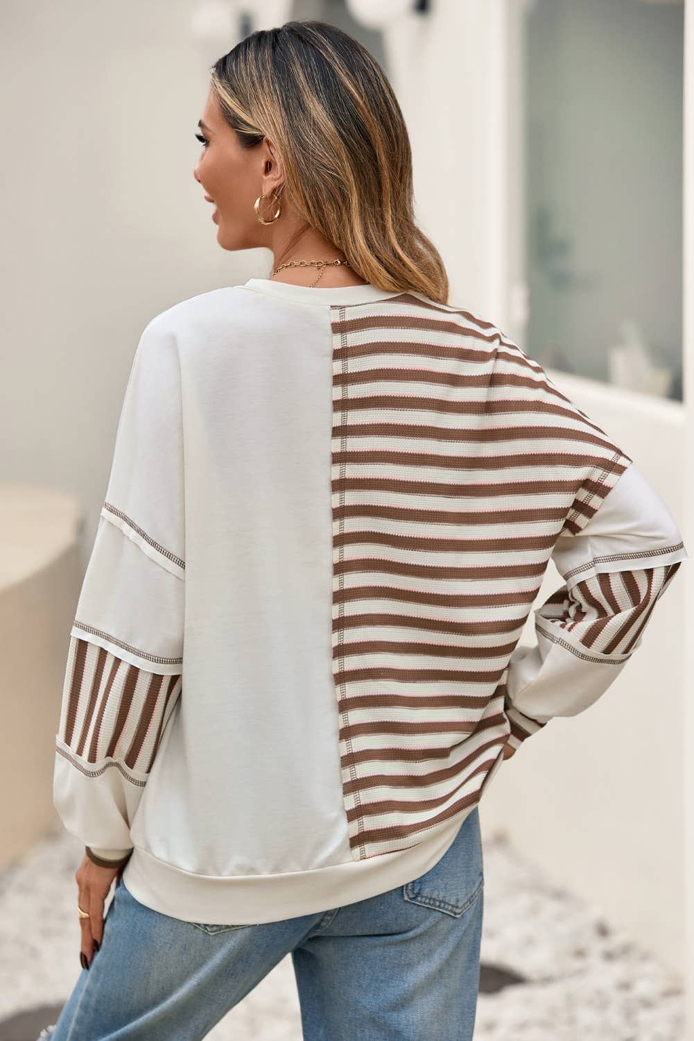 LDC Stripe Stitched Detail Patchwork Oversized Pullover Top