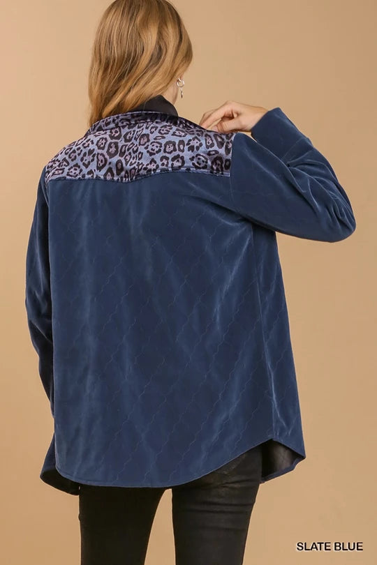 Dark Blue velvet button-up with leopard trim