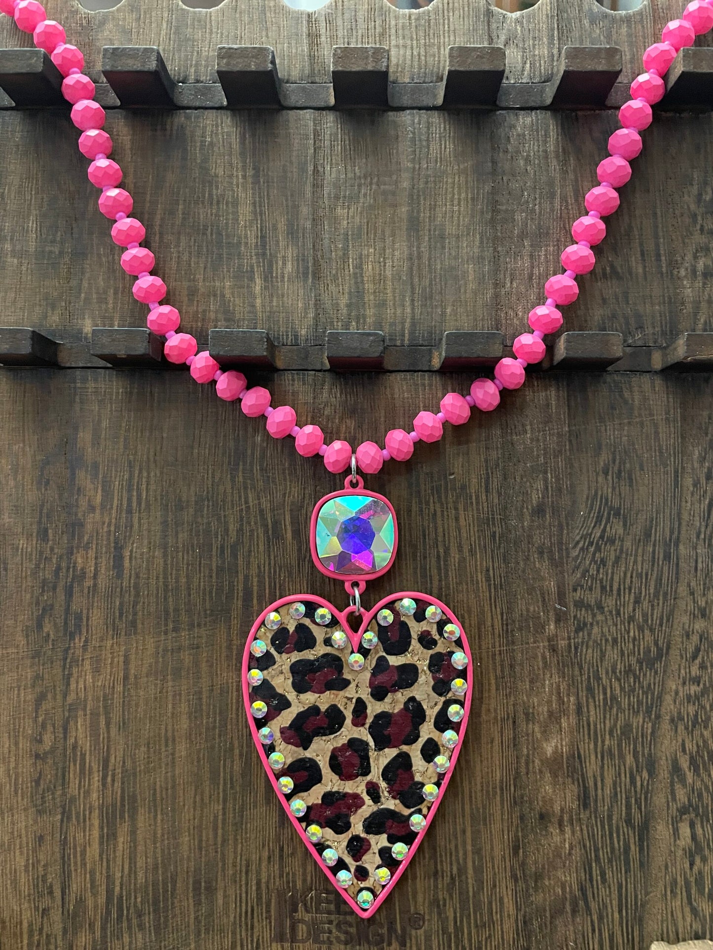 Pink & Leopard Heart with Rhinestones Necklace