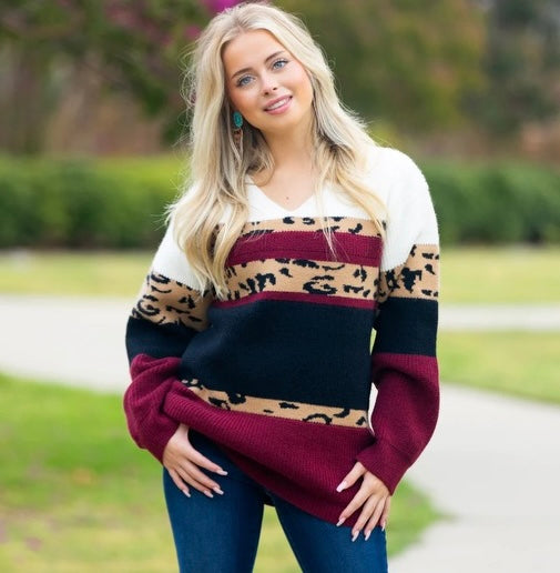 Maroon, White & Leopard Sweater