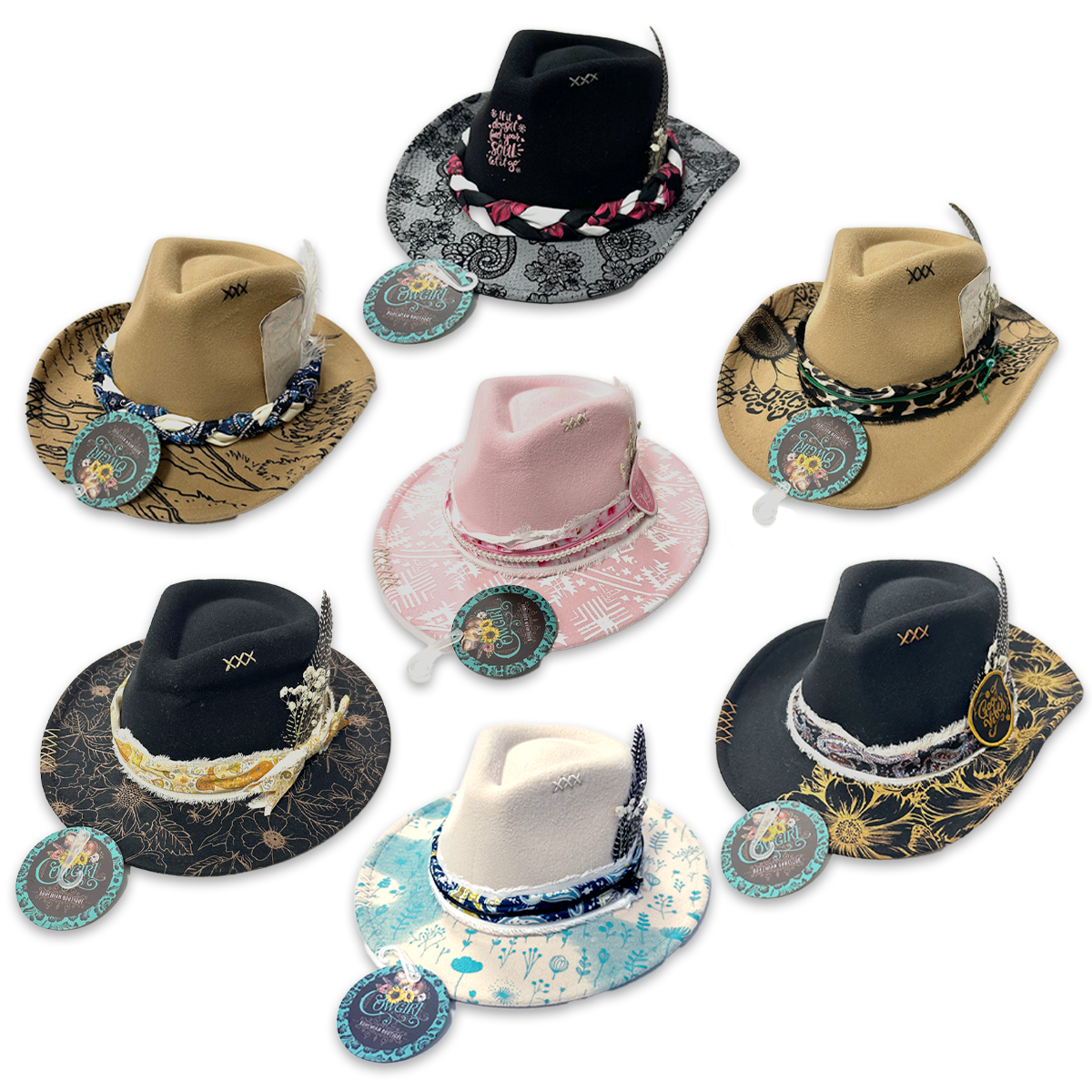 Novelty Cowgirl Western Flair Hat Assortment- 12/Pack
