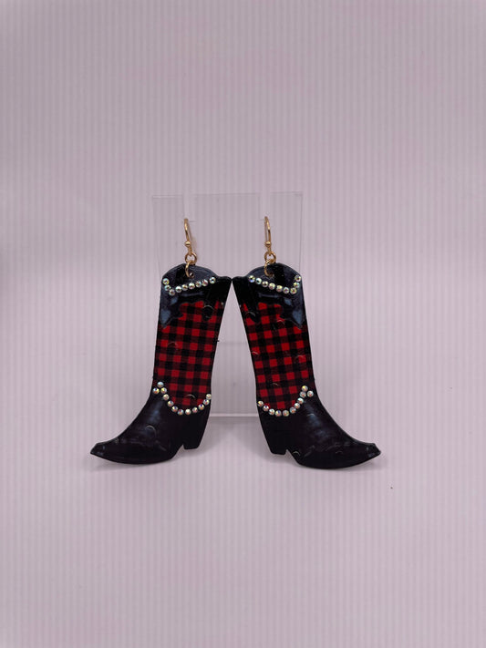 Red and Black Plaid Cowboy Boot Dangle Earrings