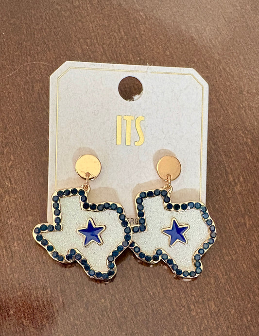 State of Texas Shaped White Earrings with Blue Rhinestone Outline and Star