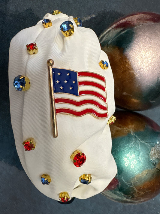 White Headband with Red & Blue stones and American Flag Broach