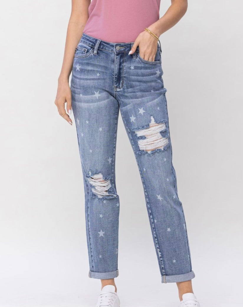 Judy Blue Mid Rise Star Spangled Denim Capris