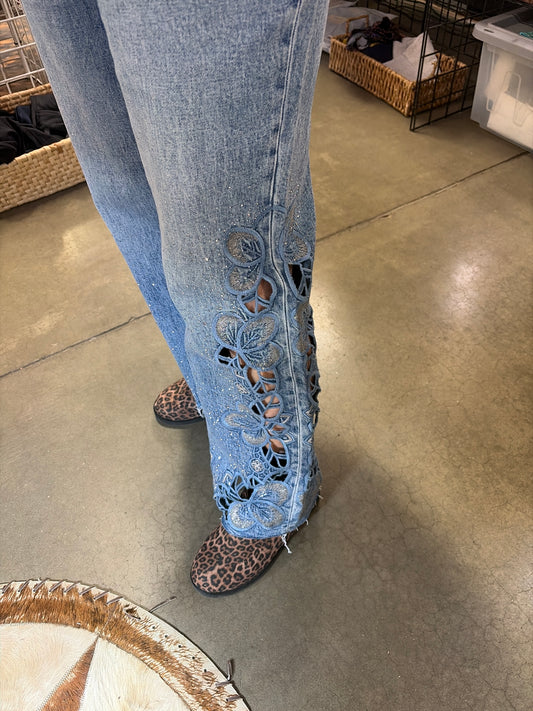 BAYEAS Denim Jean with Lace Bottom and Rhinestone