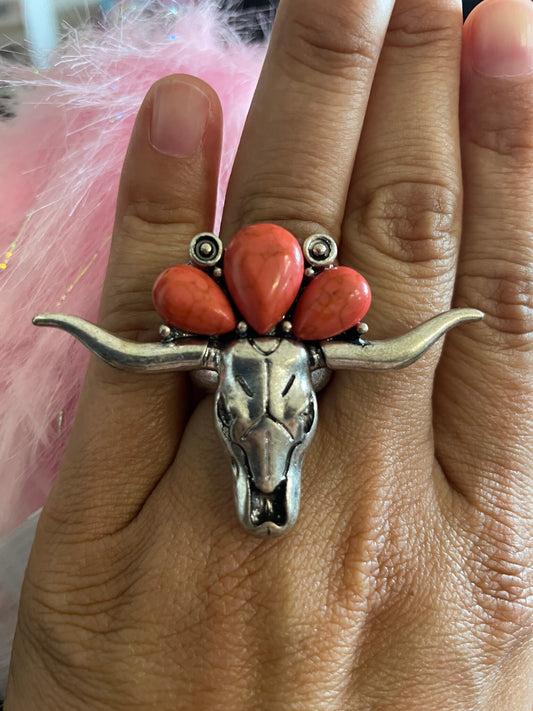 Stretchy Silver Ring with Pink Stones and Cowskull