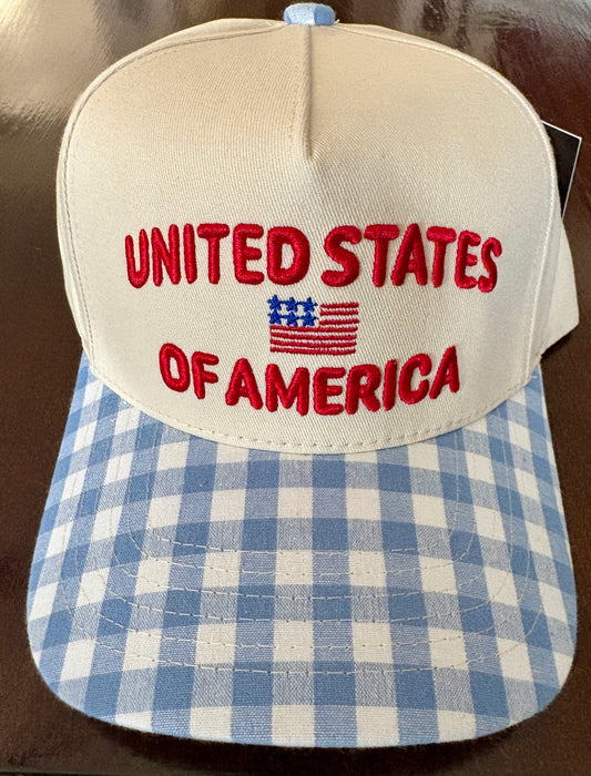 “United States of America” Blue & White Checkered Ballcap