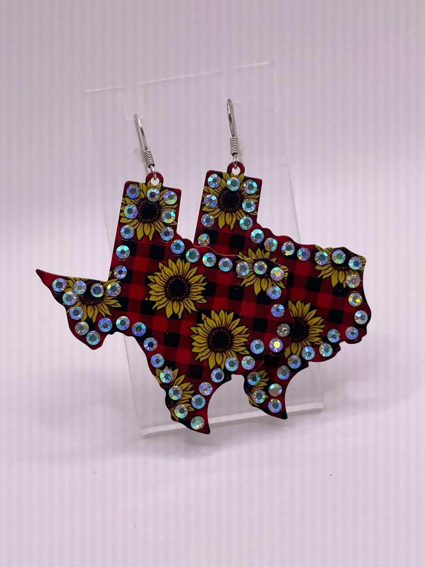 Red Plaid Sunflower Blingy Texas Dangle Earring