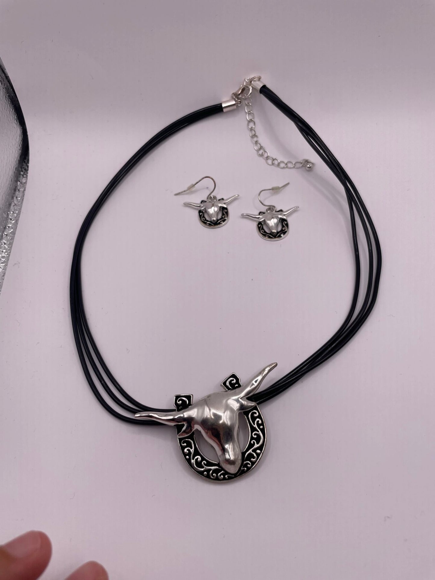 Black Cord Necklace with Matching Silver Earrings