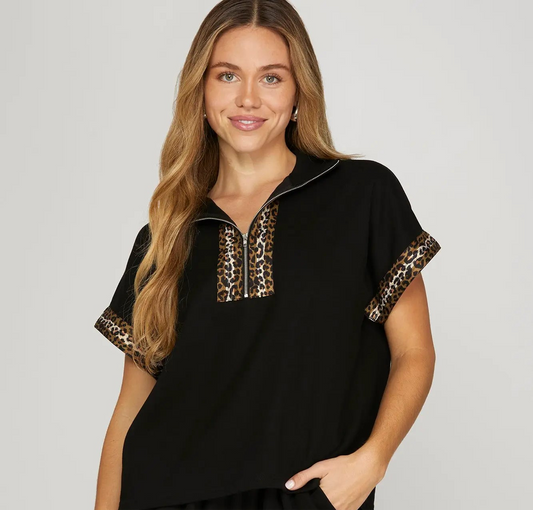 She & Sky Leopard and Black Half Zip Knit Top