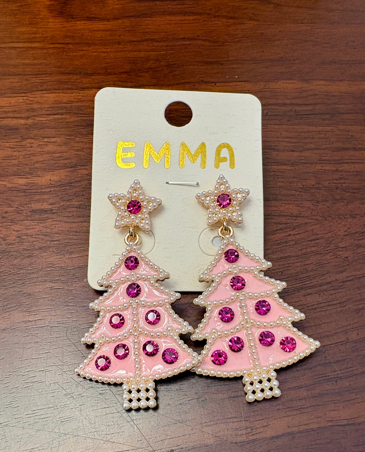 Light Pink Christmas Tree Earrings with Pearl Star