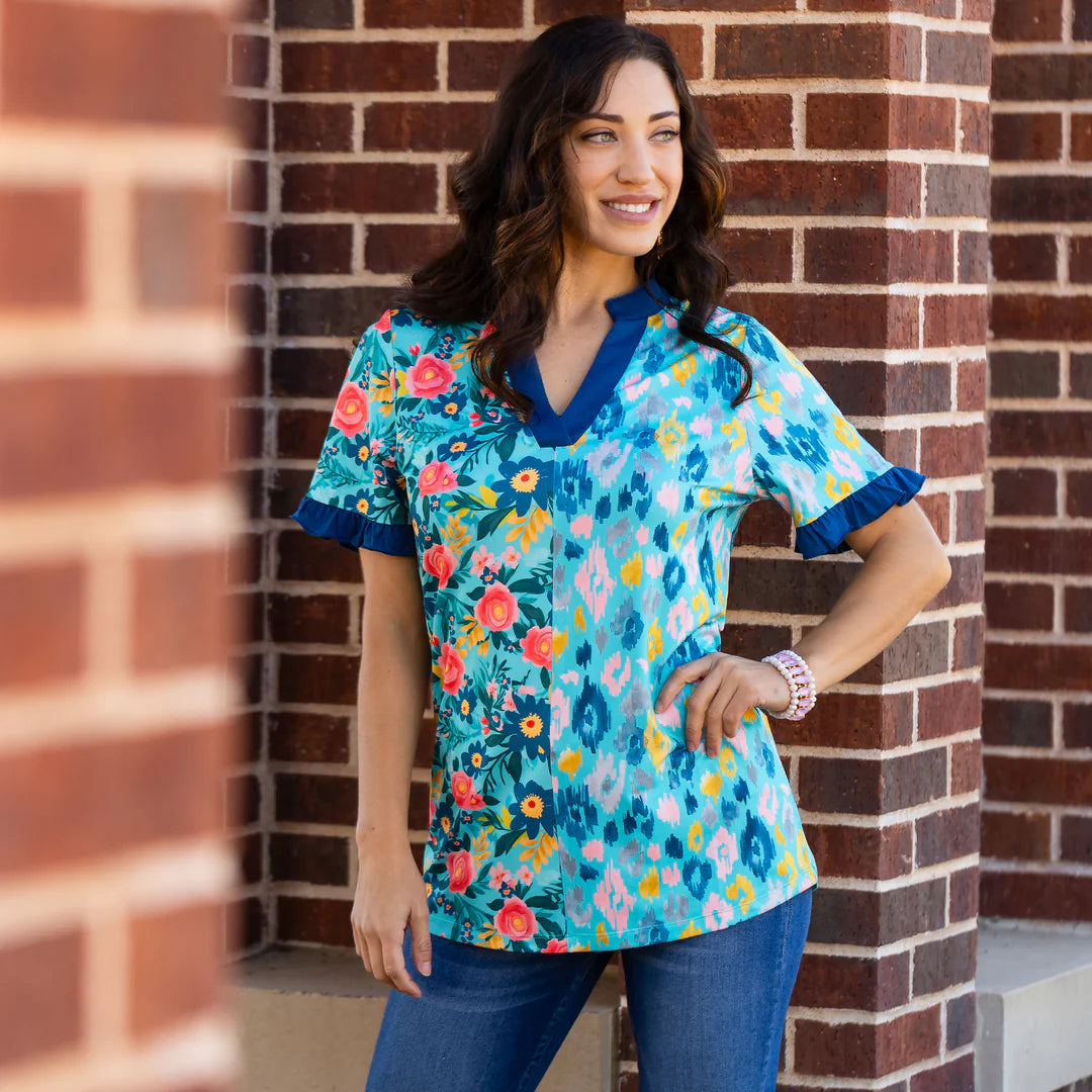Floral Blue V Neck Blouse