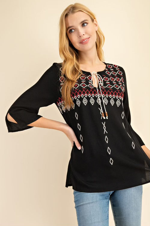 Black Top with Geometric Print