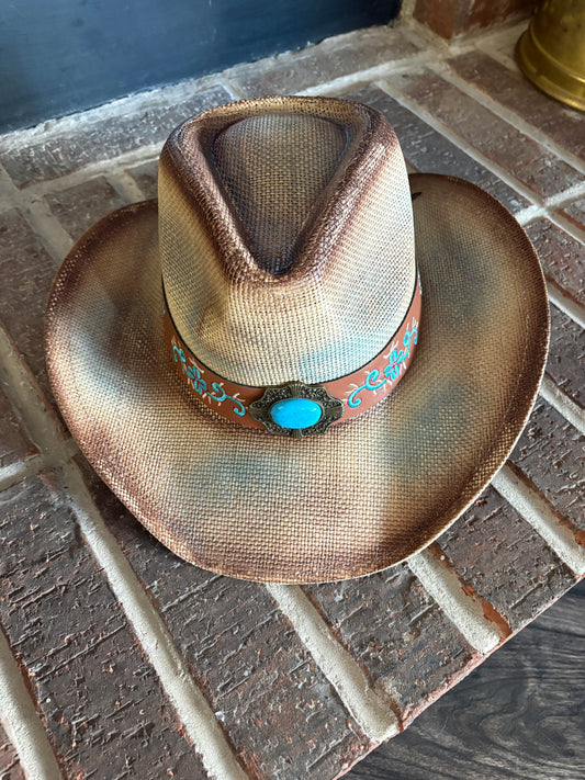 Tan and Turquoise Straw Cowgirl Hat