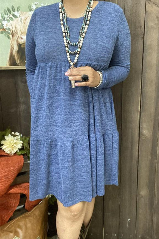 Soft Blue Long Sleeve Baby Doll Dress with Pockets