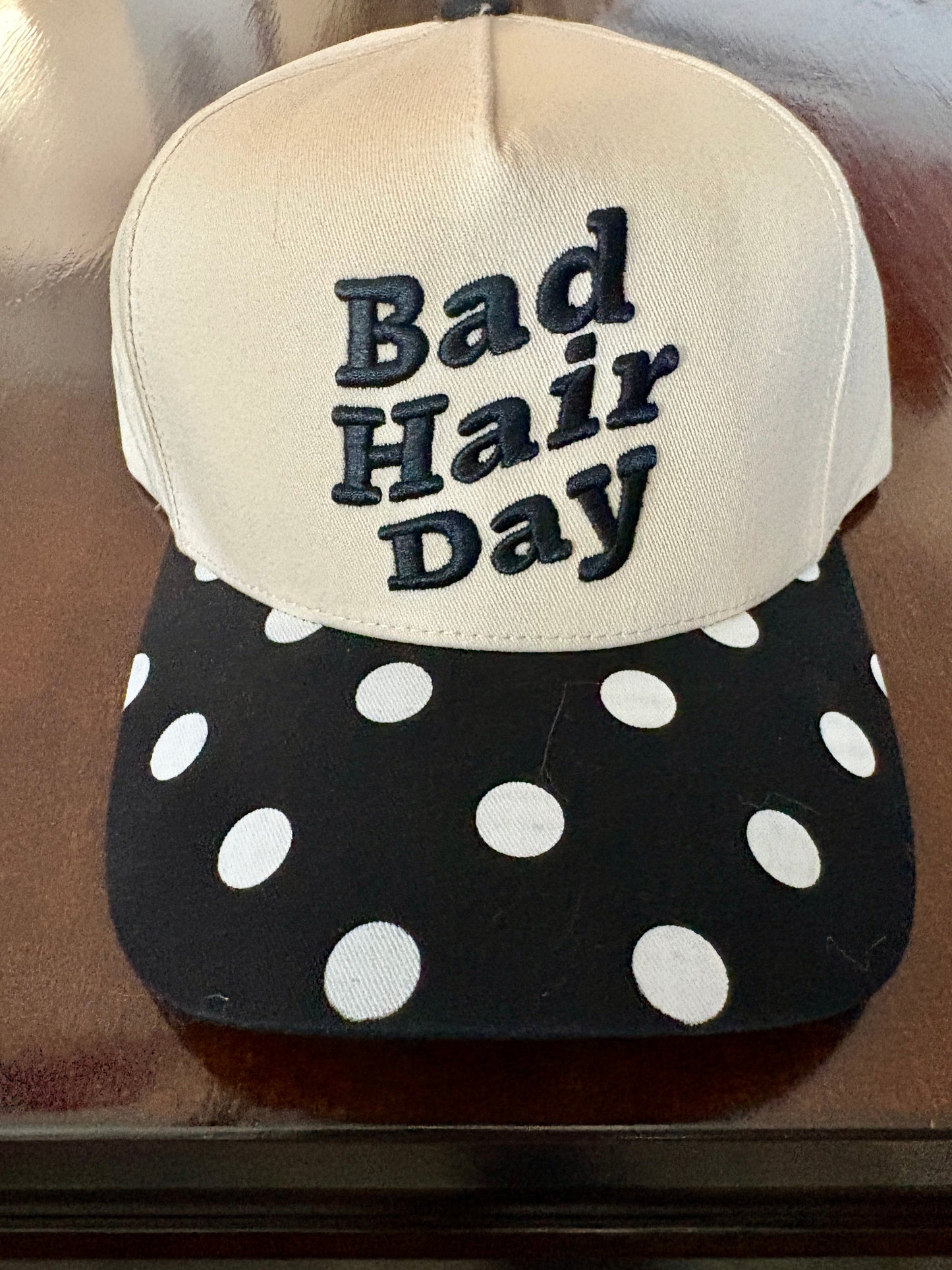 “Bad Hair Day” Ballcap with Black Bill and White Polkadots