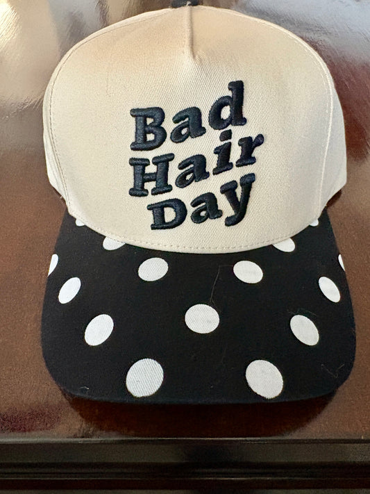 “Bad Hair Day” Ballcap with Black Bill and White Polkadots