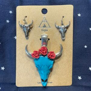 Turquoise & Red Floral Cow Skull Necklace and Silver Cow Skull Earrings