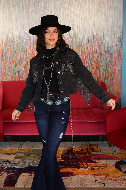 Black Denim Jacket with Rhinestone Fringe