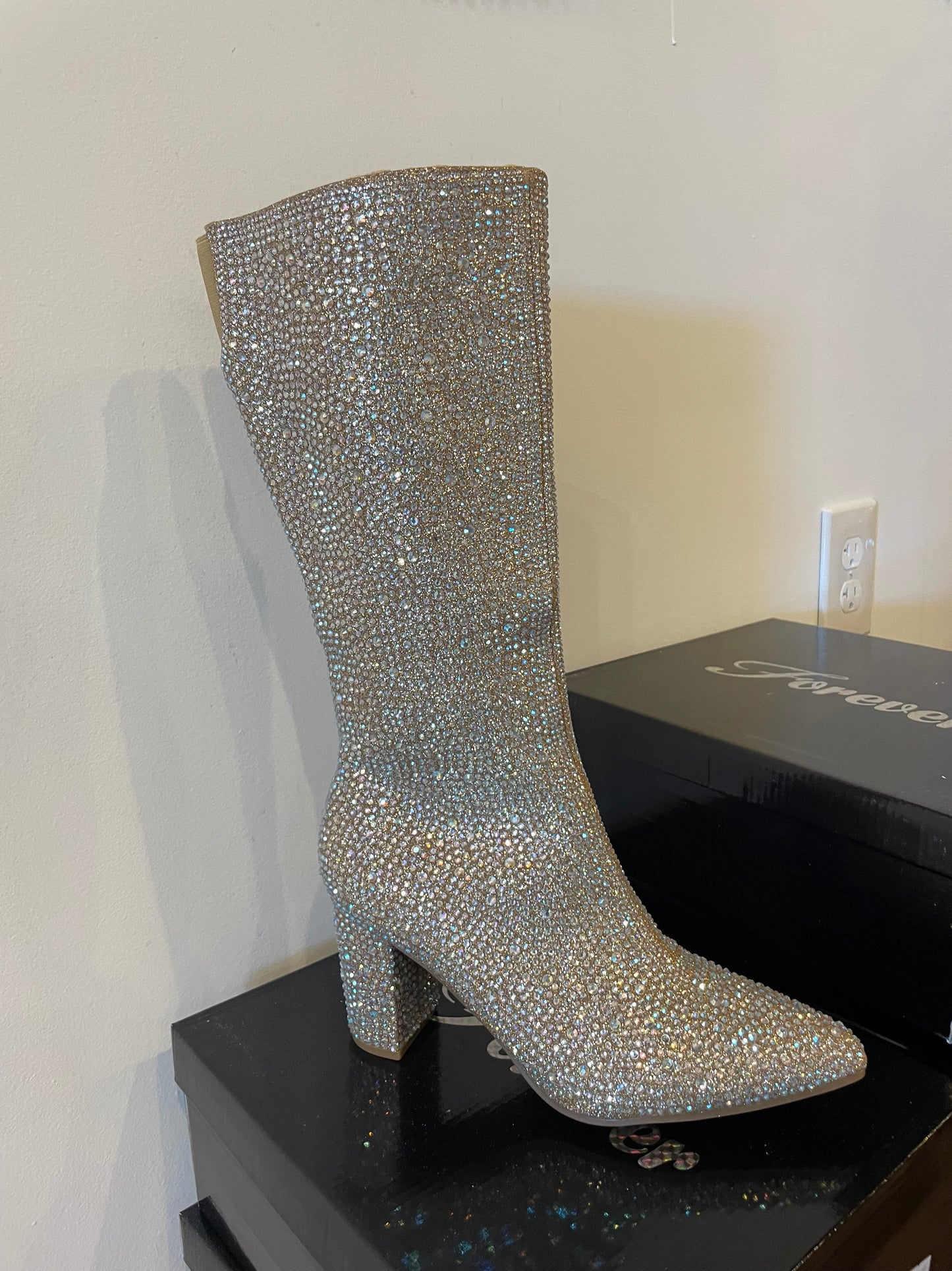 Rhinestone Studded Champagne Heeled Boots