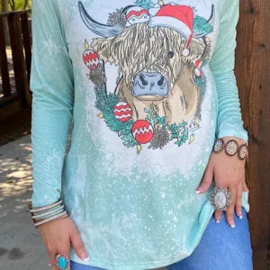 Teal Long Sleeve with Christmas Highland Cow