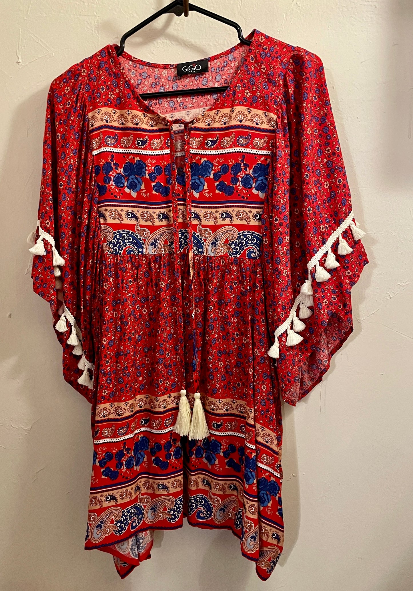 GiGiO Red Top with Blue Flowers, Bell Sleeves