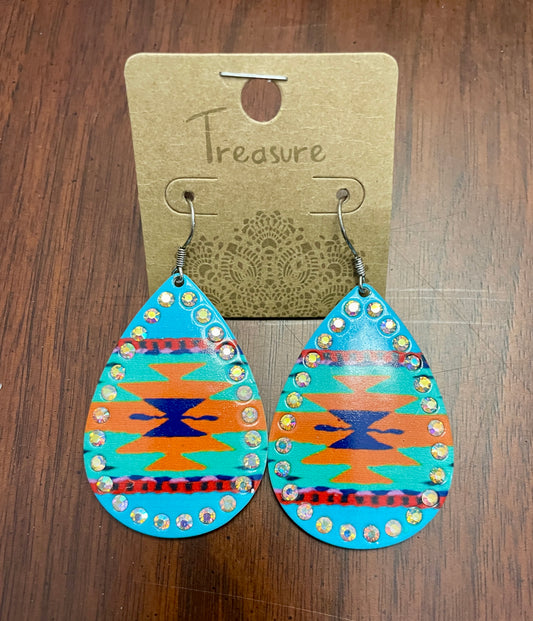 Aztec Blue, Green & Orange Rhinestone Teardrop Dangle Earrings