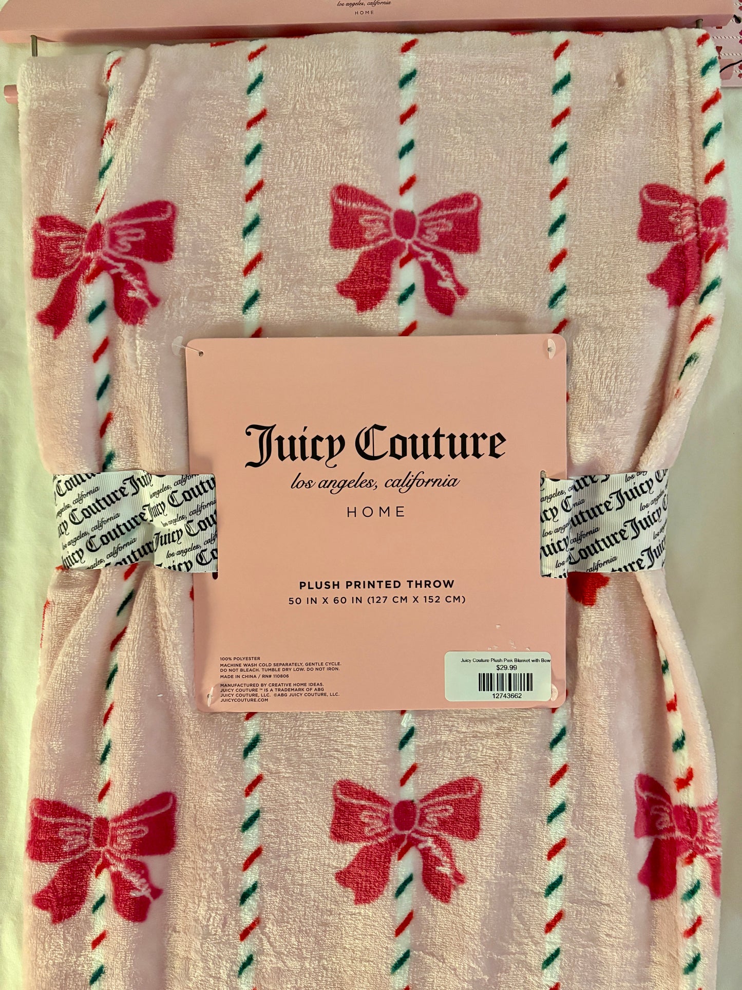 Juicy Couture Plush Pink Blanket with Bows
