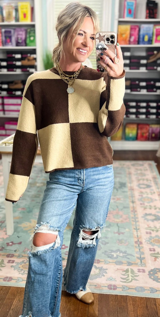 Dark Brown Color Block Long Sleeve Sweater