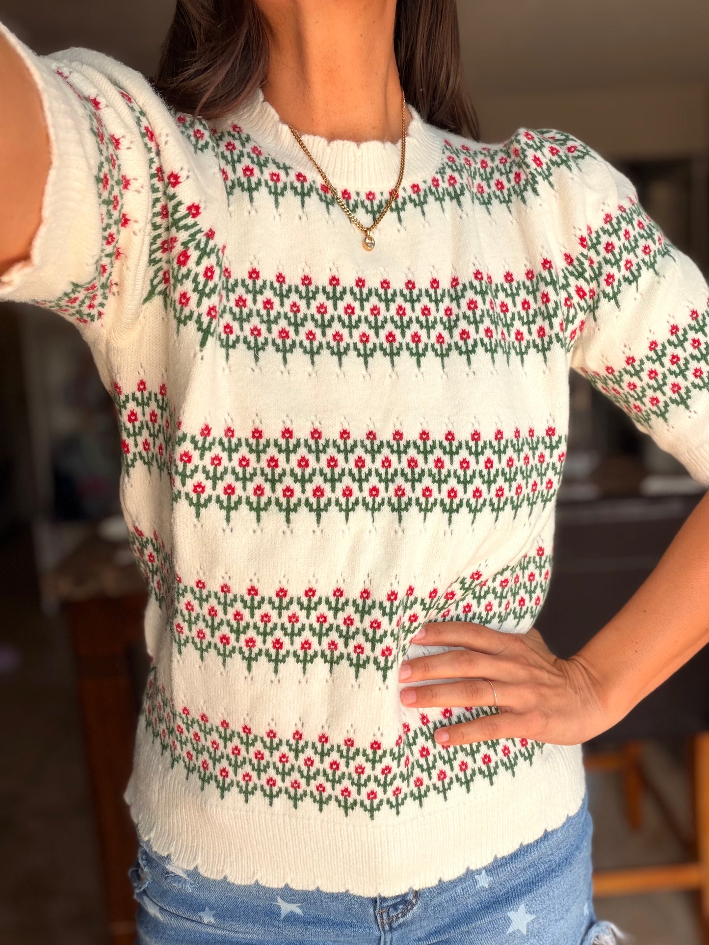 Cream Floral Jacquard Knit Sweater
