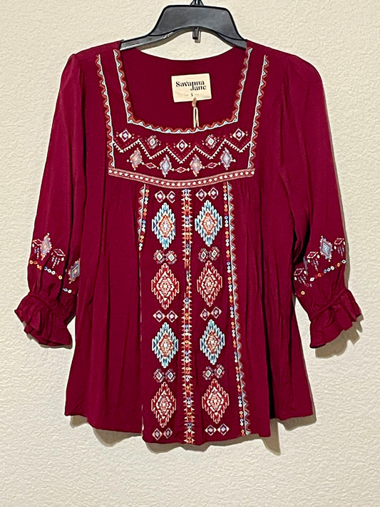 Savannah Jane Burgundy Aztec Blouse