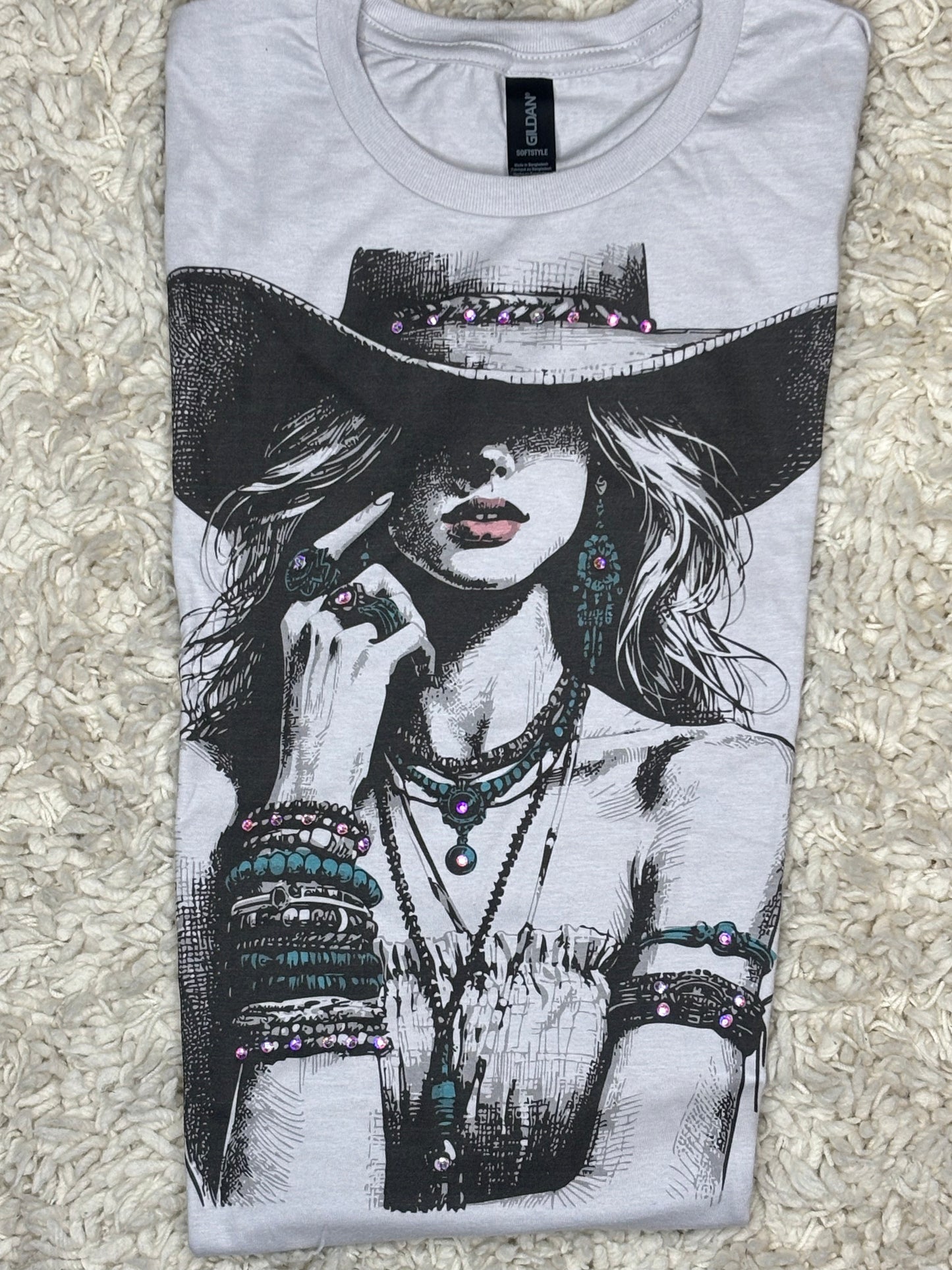 Gray Rhinestone Graphic Tee with Cowgirl and AB stones
