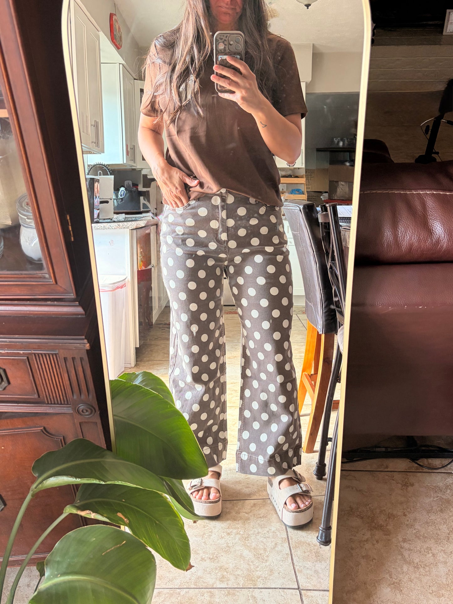 Cream and Chocolate Brown Polka Dot Straight Leg Cotton Denim Pants