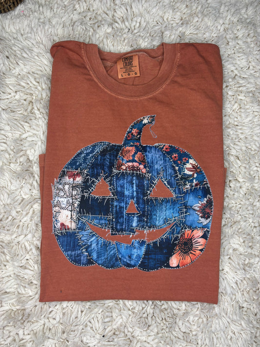 Rust Graphic Tee with Royal Blue Pumpkin