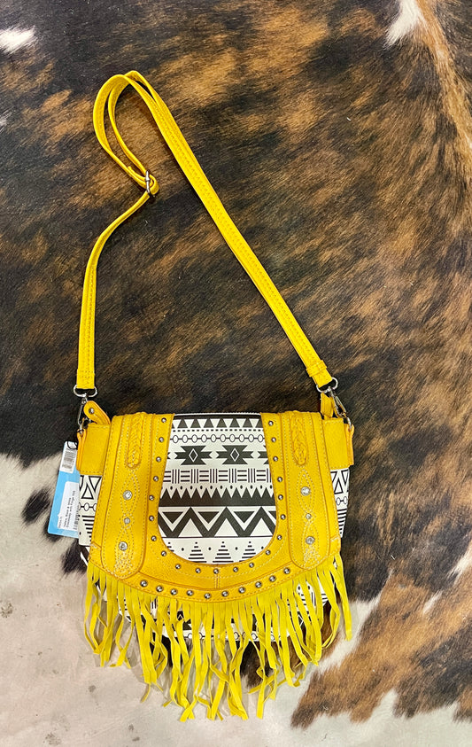 Yellow, Black and White Crossbody with Fringe