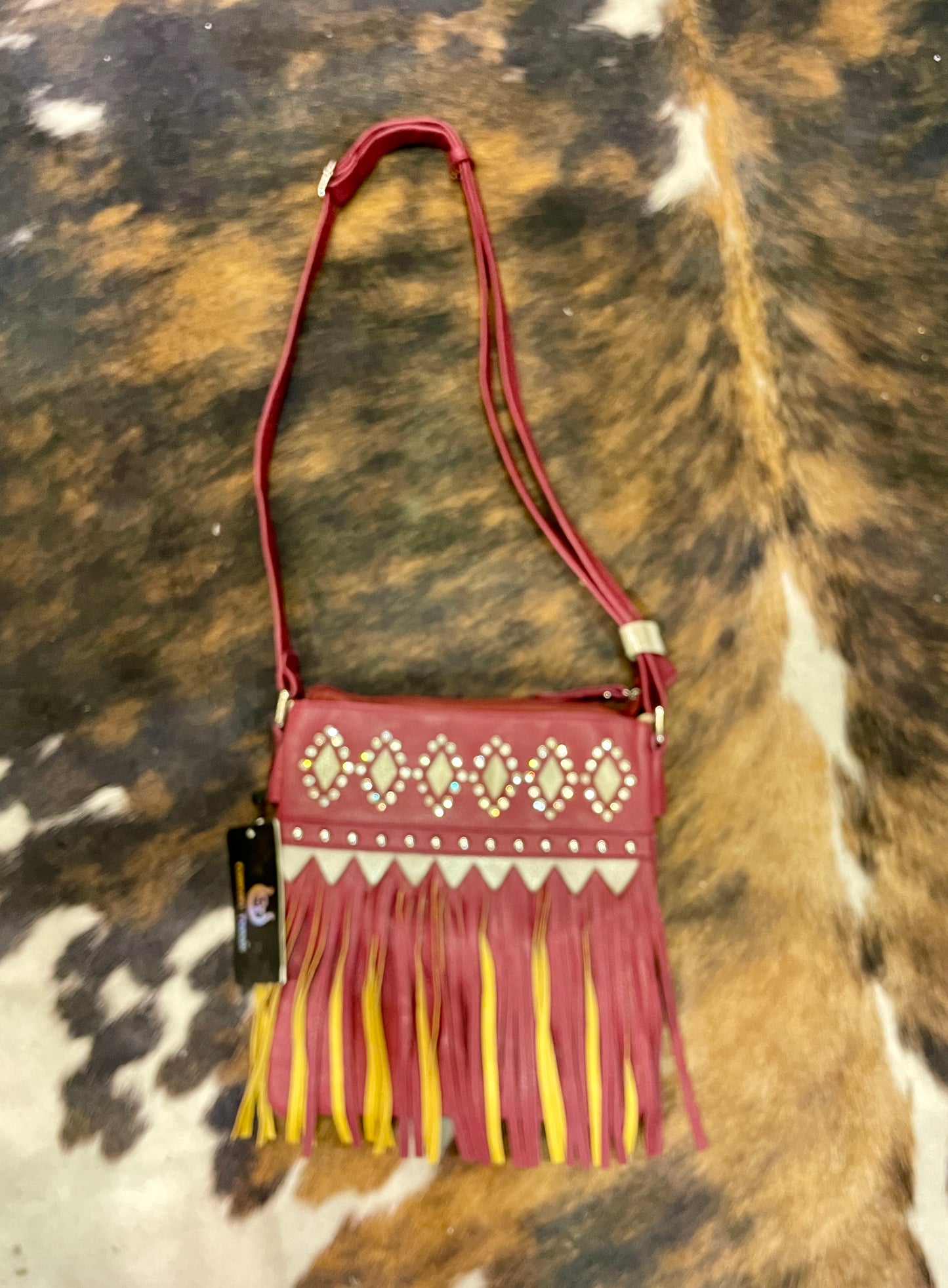 Wine Rhinestone Crossbody with Fringe