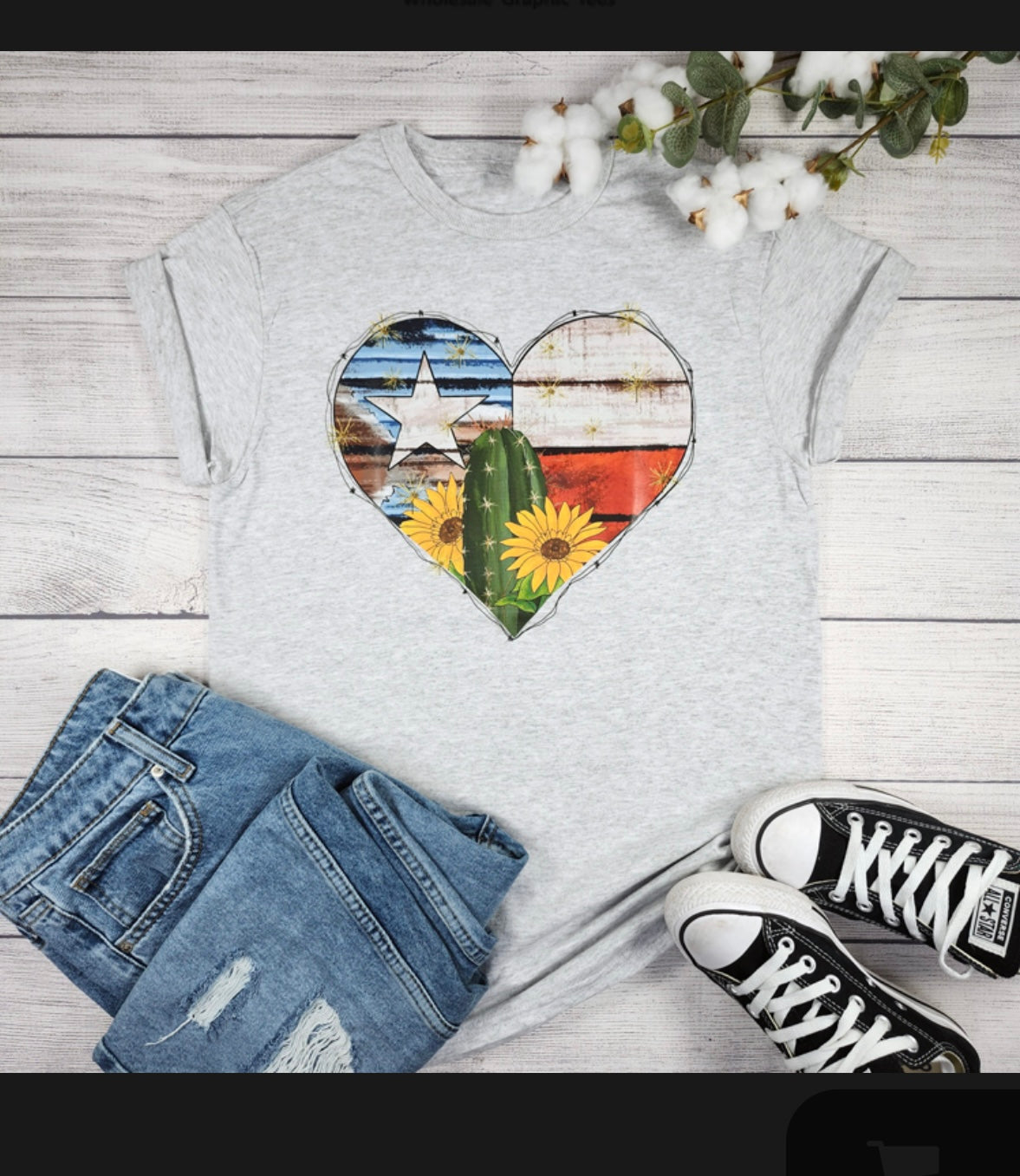 Grey Tee w/ Heart Tx Flag w/ Cactus