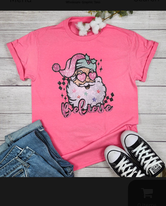Neon Pink Santa Believe Christmas Tee