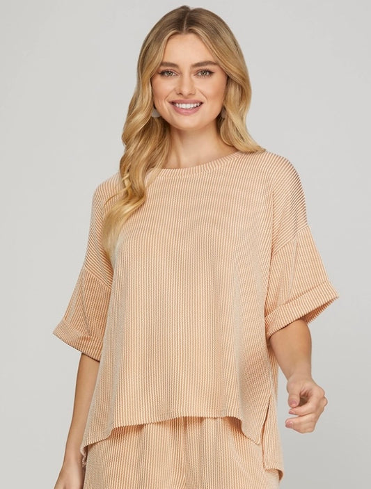 She & Sky Taupe Textured Knit Top with Cuff Sleeves